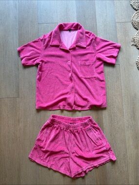 Monrow Pink Terry Cloth Button-Up Shirt & Elastic Waist Shorts Set